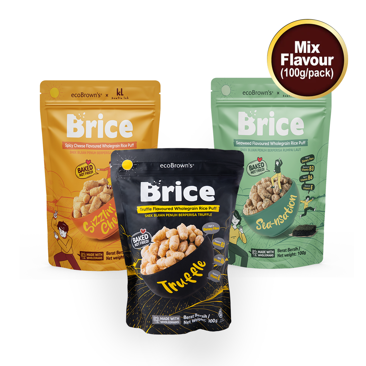 ecoBrown’s Brice Rice Puff [Bundle of 3 x 100g] - Mix 3 Flavours