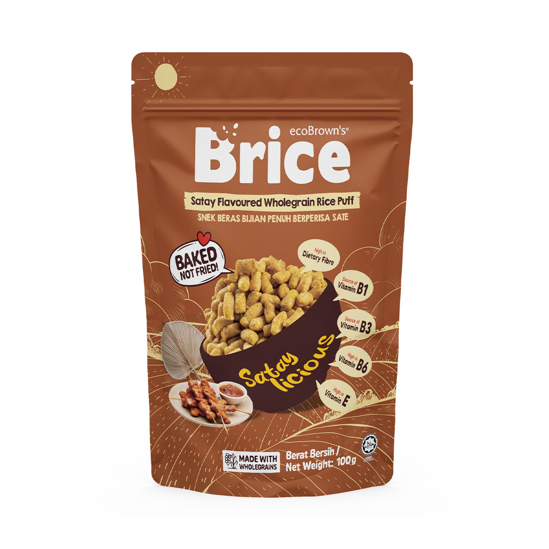[100g] ecoBrown’s Brice Satay Durian Flavoured Wholegrain Rice Puff | Baked, Not Fried | High Fibre Snack