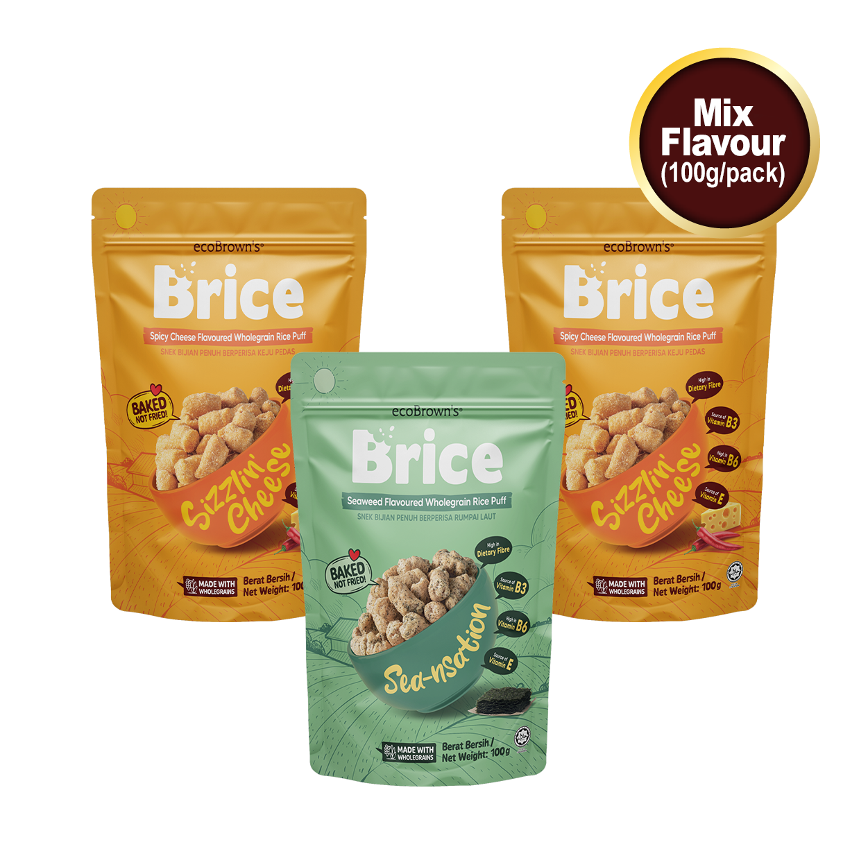 ecoBrown’s Brice Rice Puff [Bundle of 3 x 100g] - 2 Spicy Cheese + 1 Seaweed