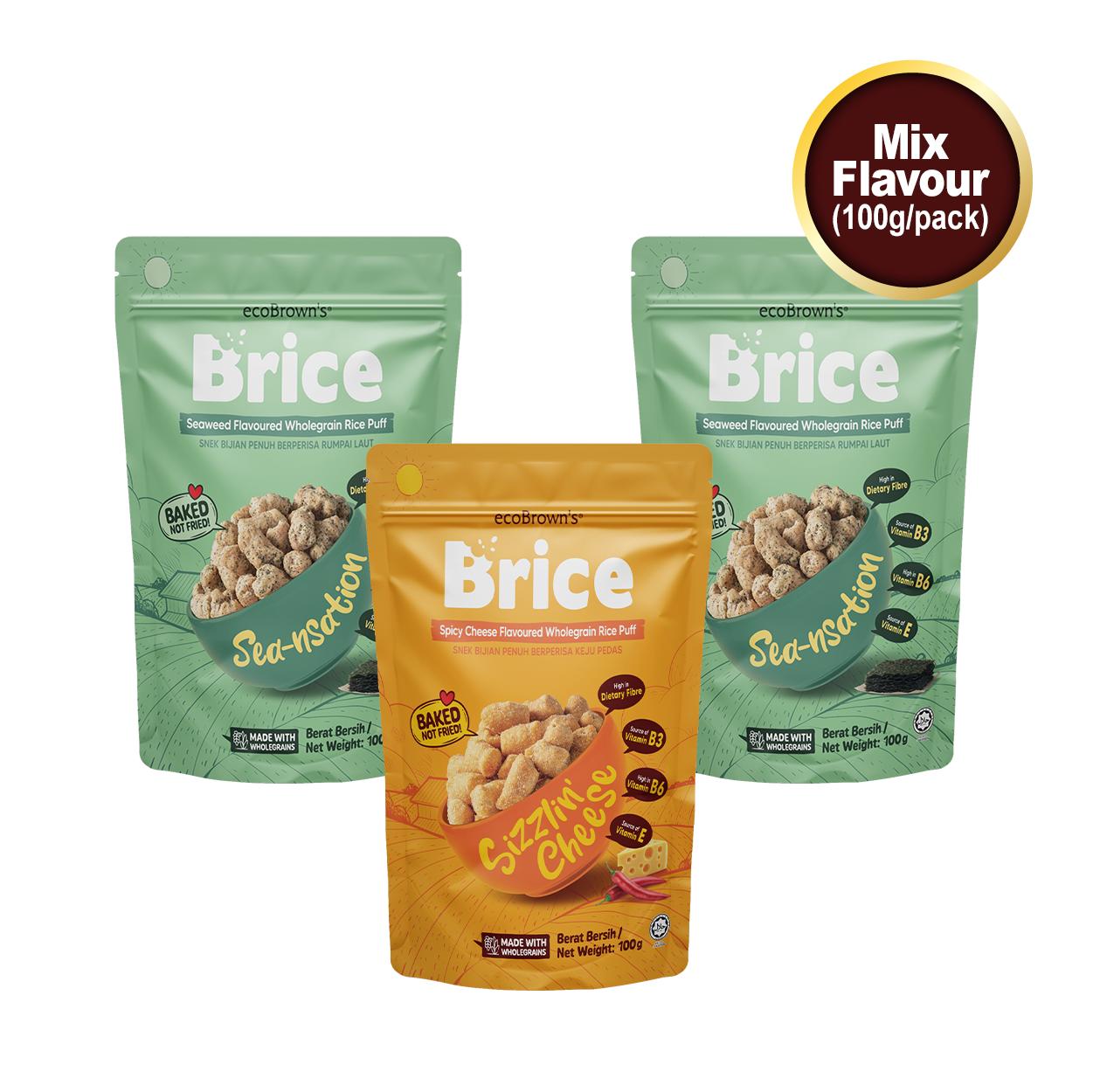 ecoBrown’s Brice Rice Puff [Bundle of 3 x 100g] - 1 Spicy Cheese + 2 Seaweed